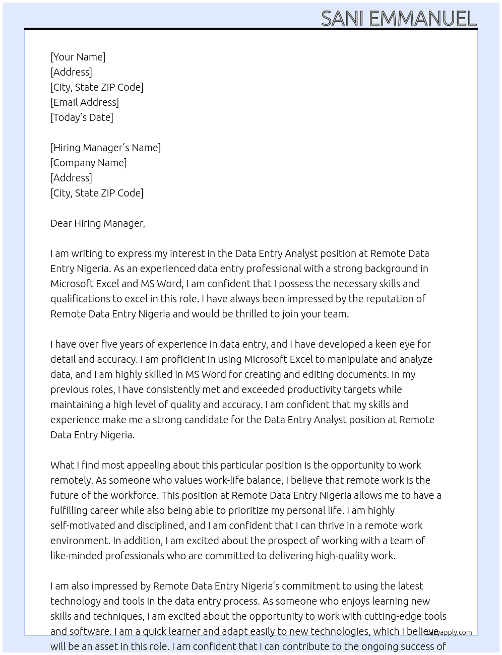 Data Entry Analyst  At Remote data entry Nigeria Cover Letter