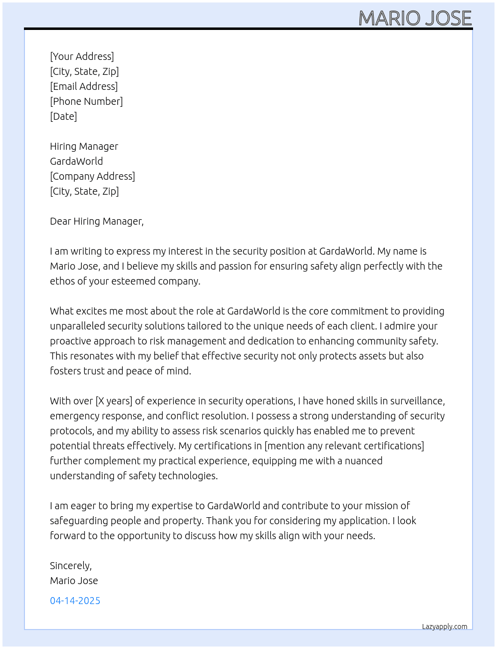 security At Garda World Cover Letter