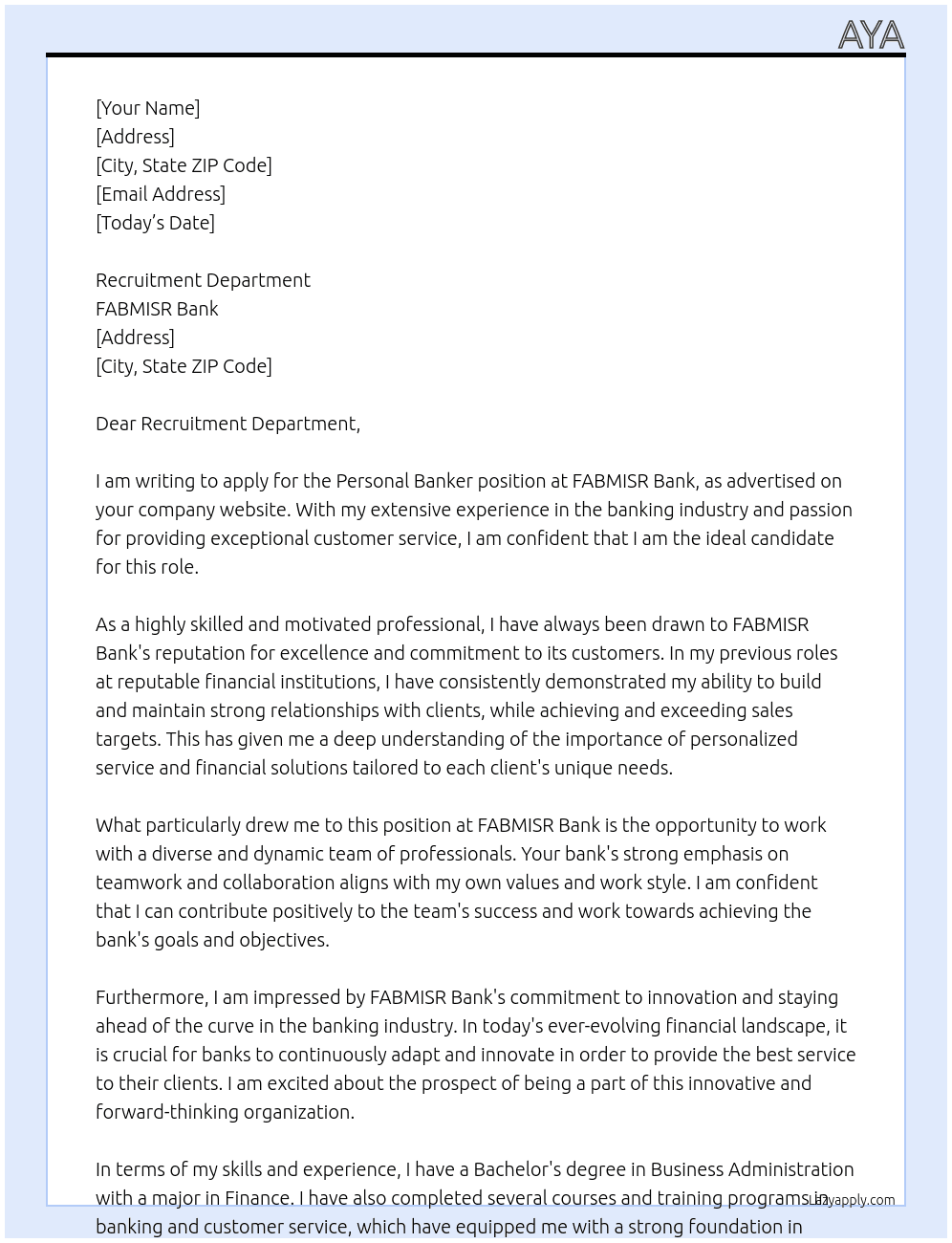 personal banker  At FABMISR bank Cover Letter