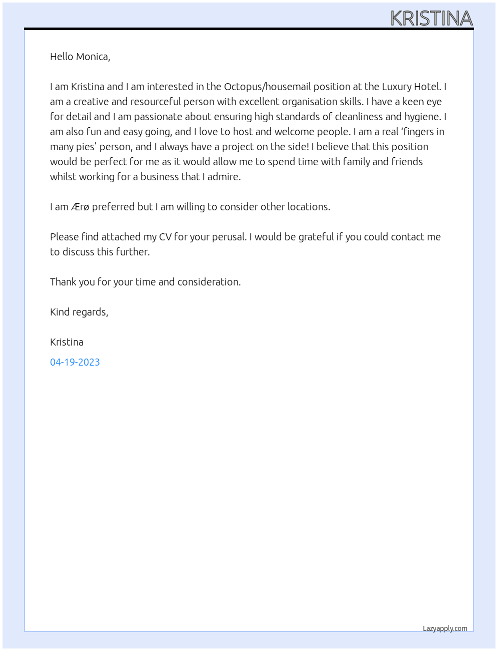 Octapus / housemail At Luxury Hotel Cover Letter