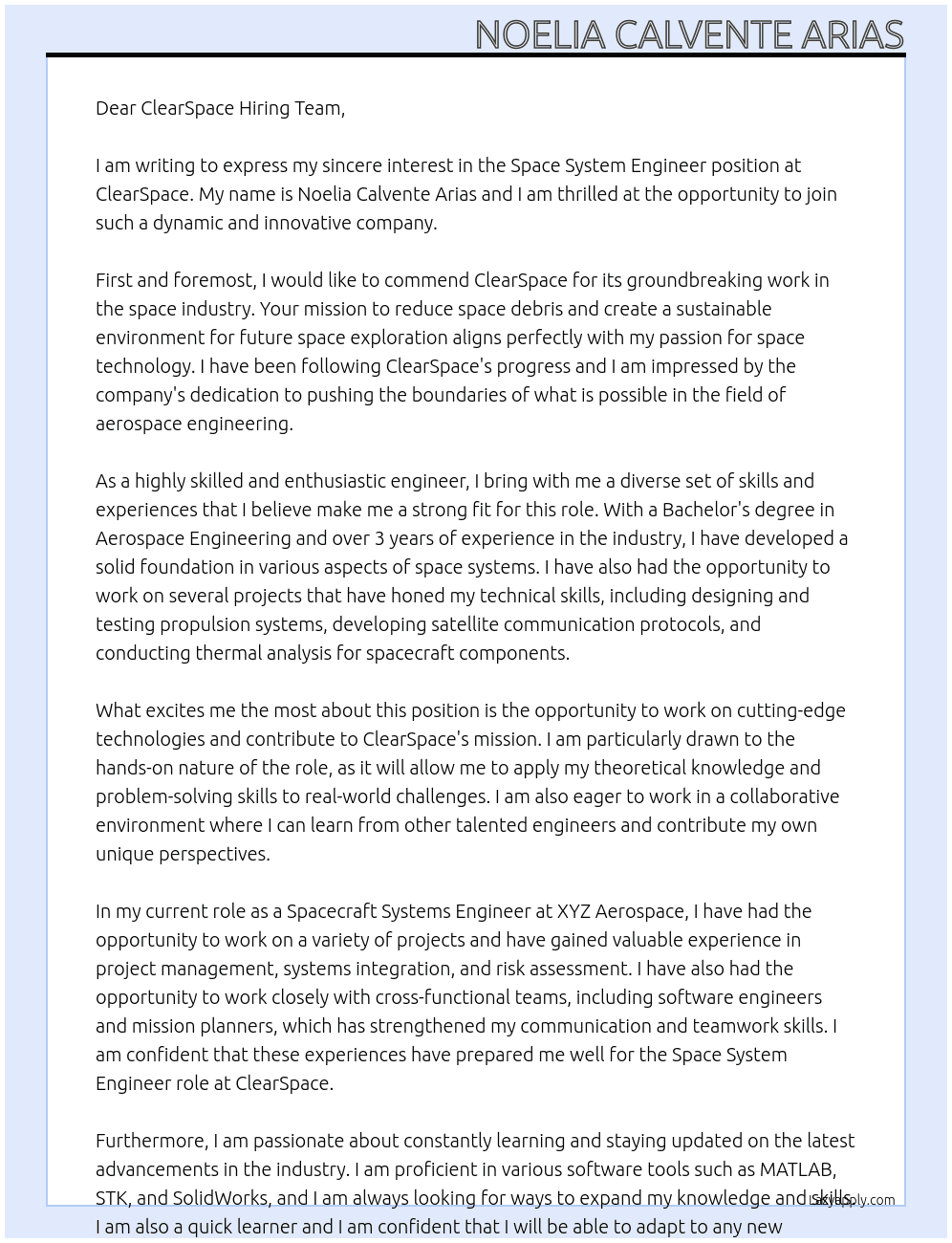 Space system engineer At ClearSpace Cover Letter