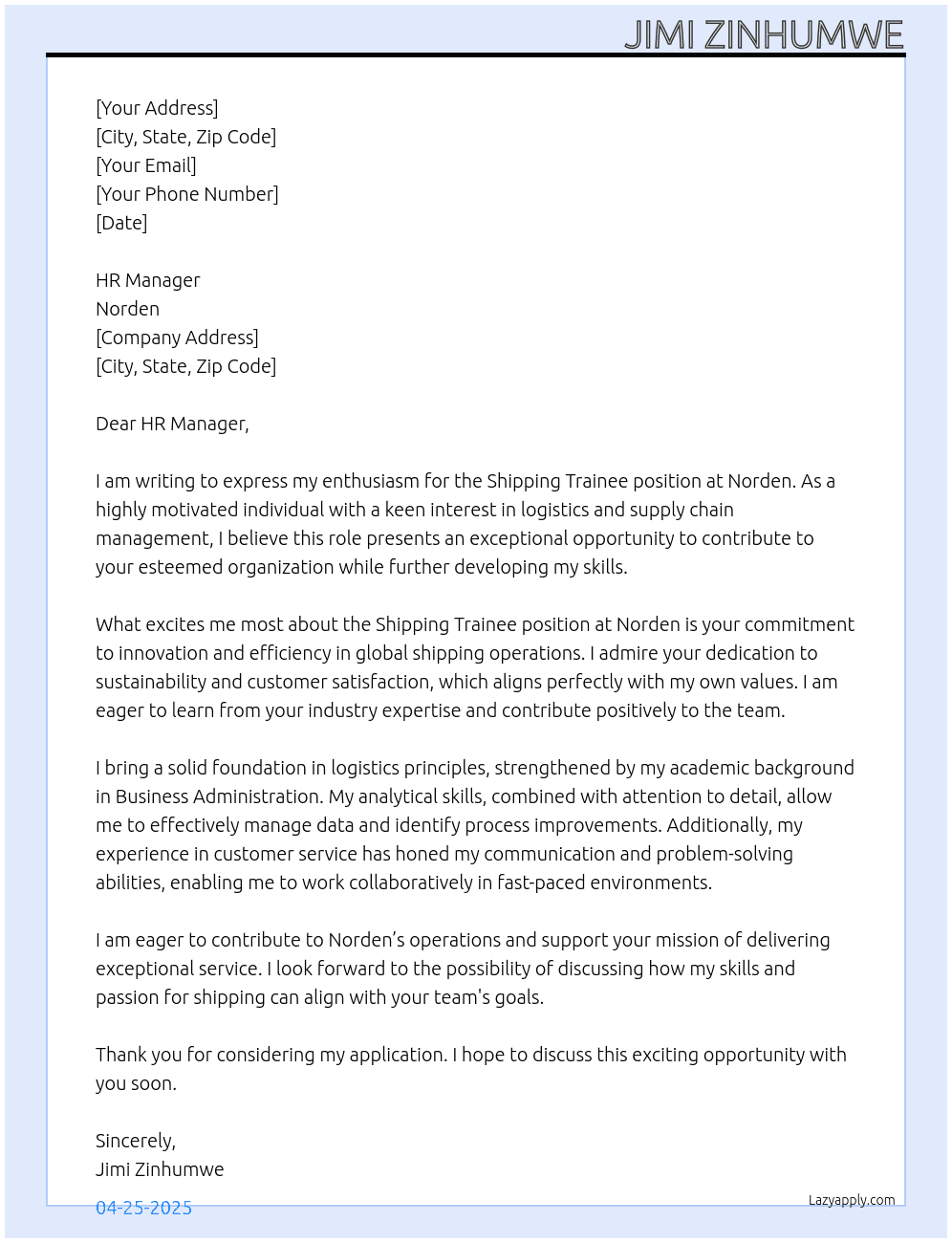 Shipping  trainee At Norden Cover Letter