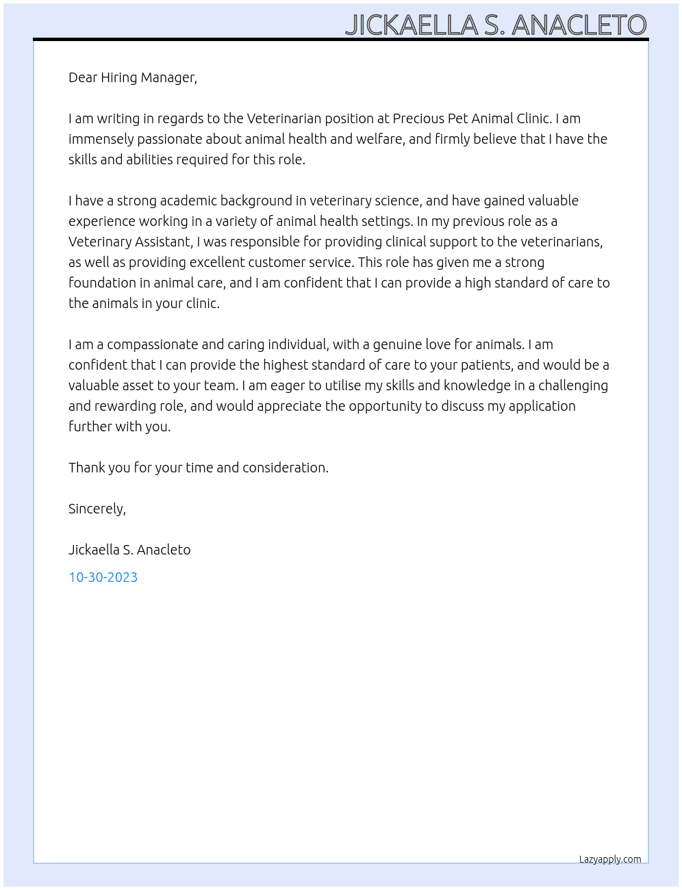 Veterinarian At Precious Pet Animal Clinic Cover Letter