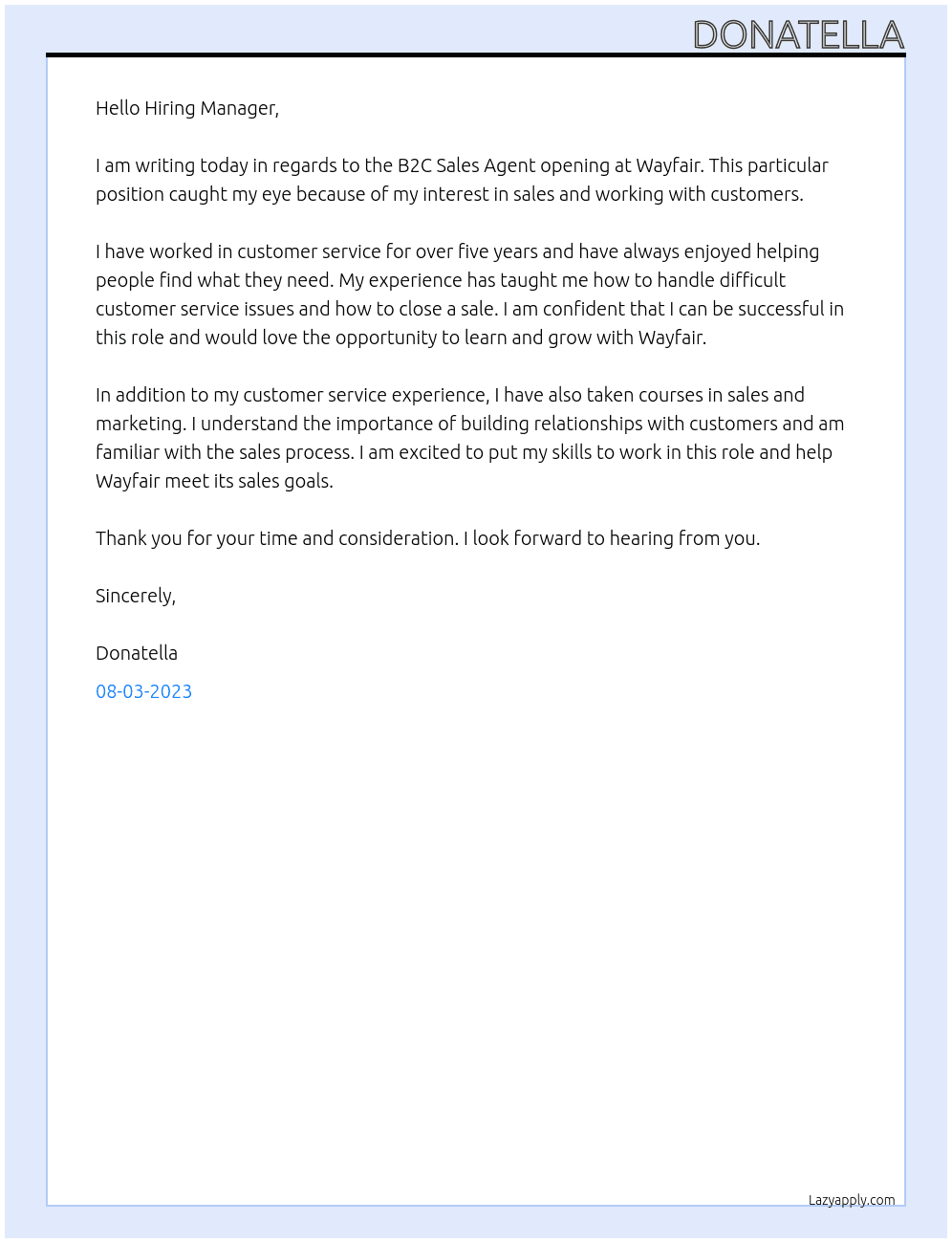 B2C Sales Agent  At Wayfair Cover Letter