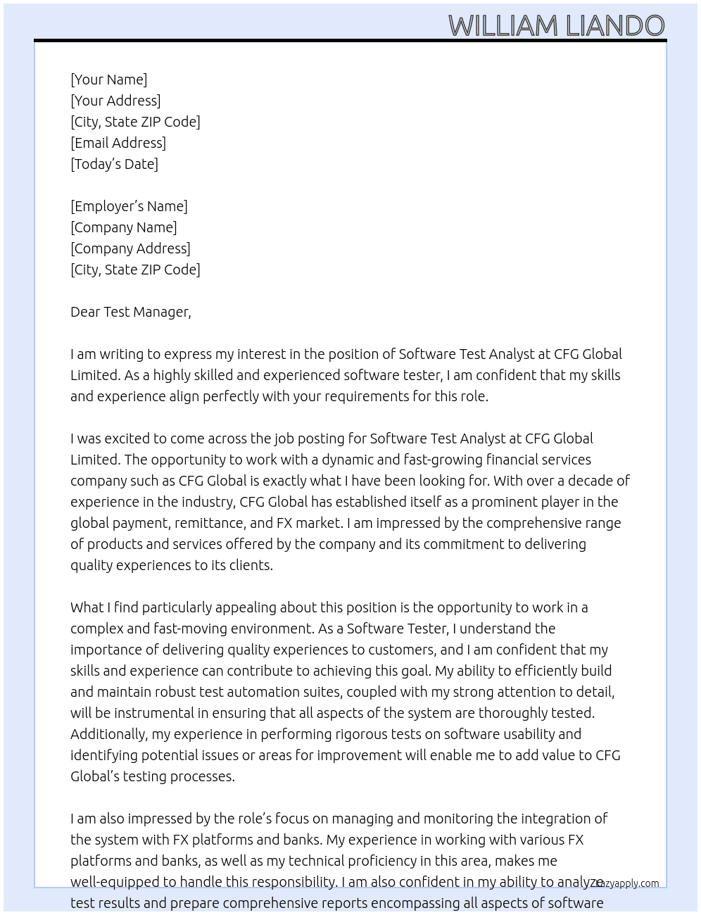 Software Test Analyst At CFG Global Limited Cover Letter
