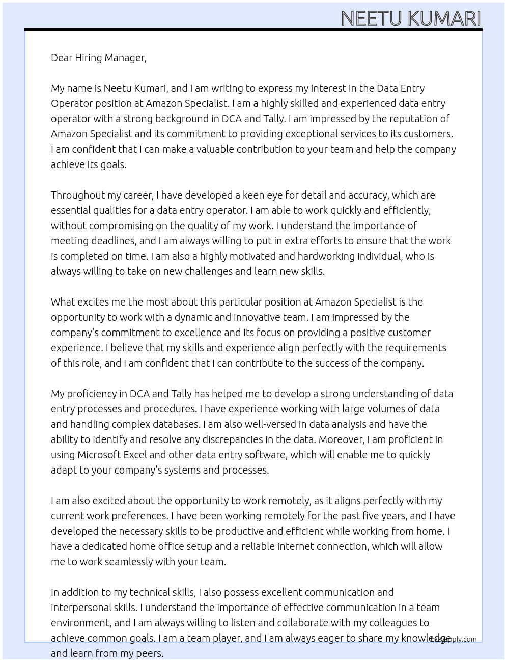 Data Entry Operator At Amazone Specialist Cover Letter