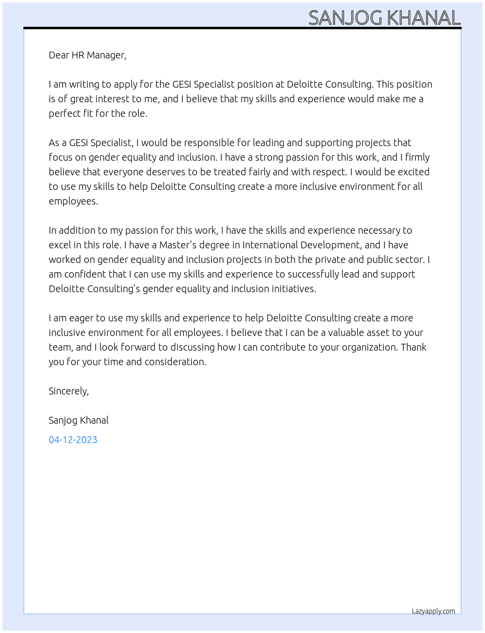 GESI Specialist At Deloitte Consulting Cover Letter