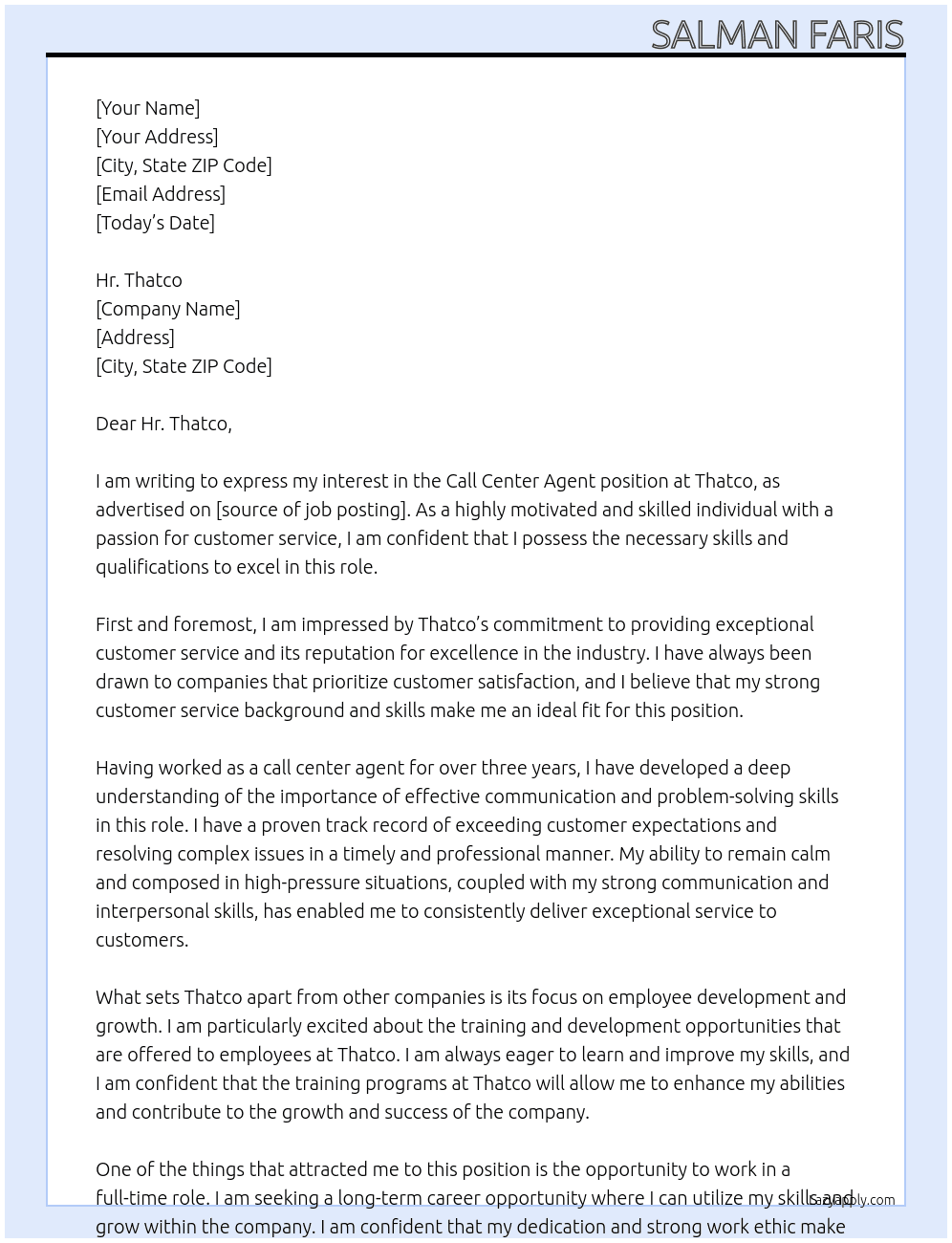 Call center agent At Thatco Cover Letter