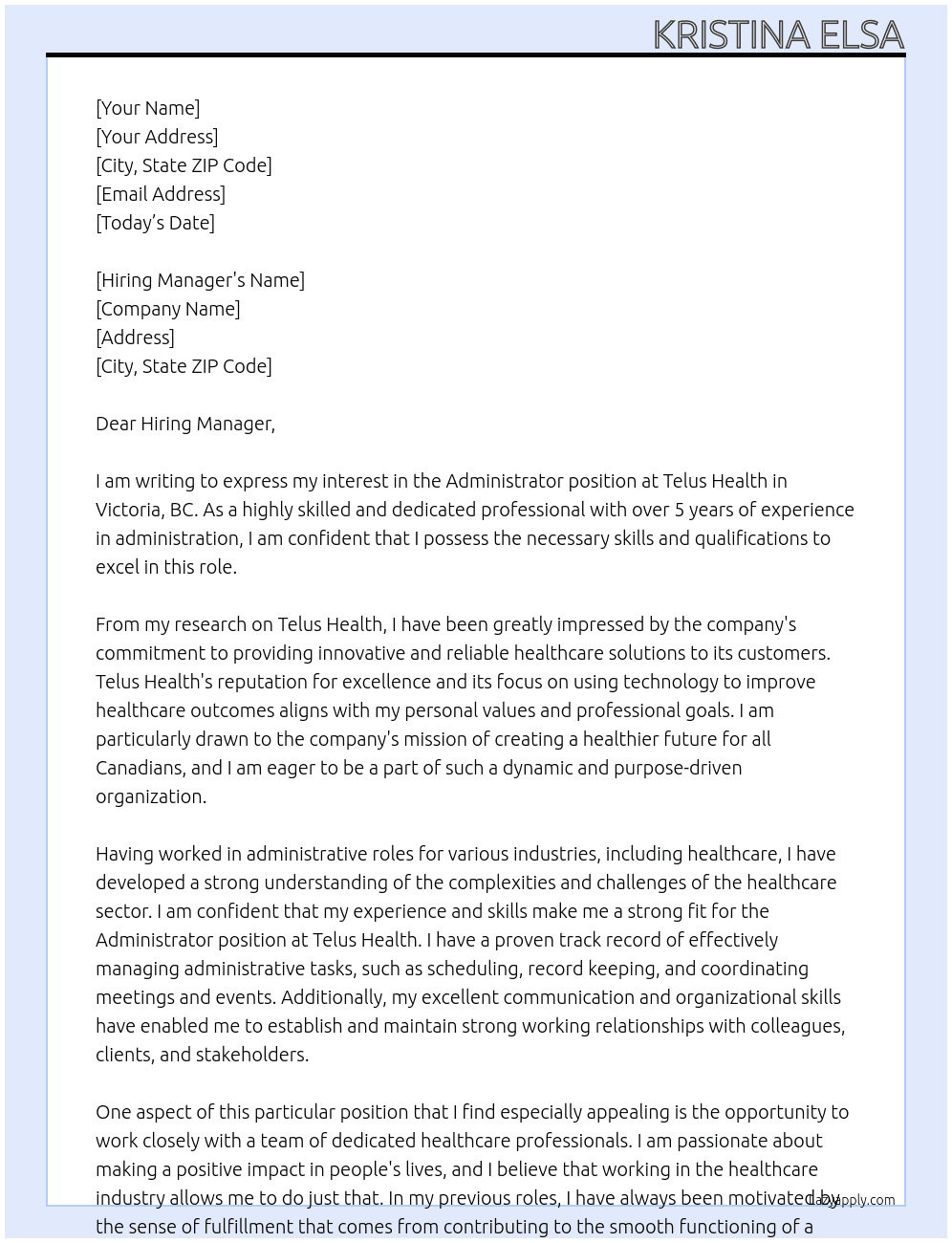 Administrator At Telus Health Cover Letter