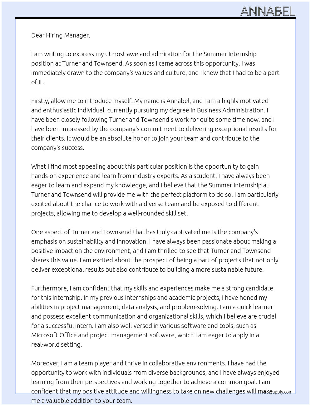 Summer Internship At Turner and Townsend Cover Letter