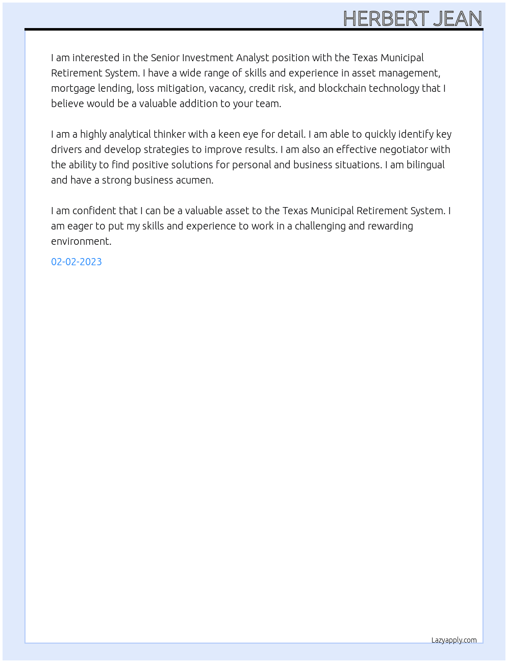Cover letter for senior investment analyst - LazyApply