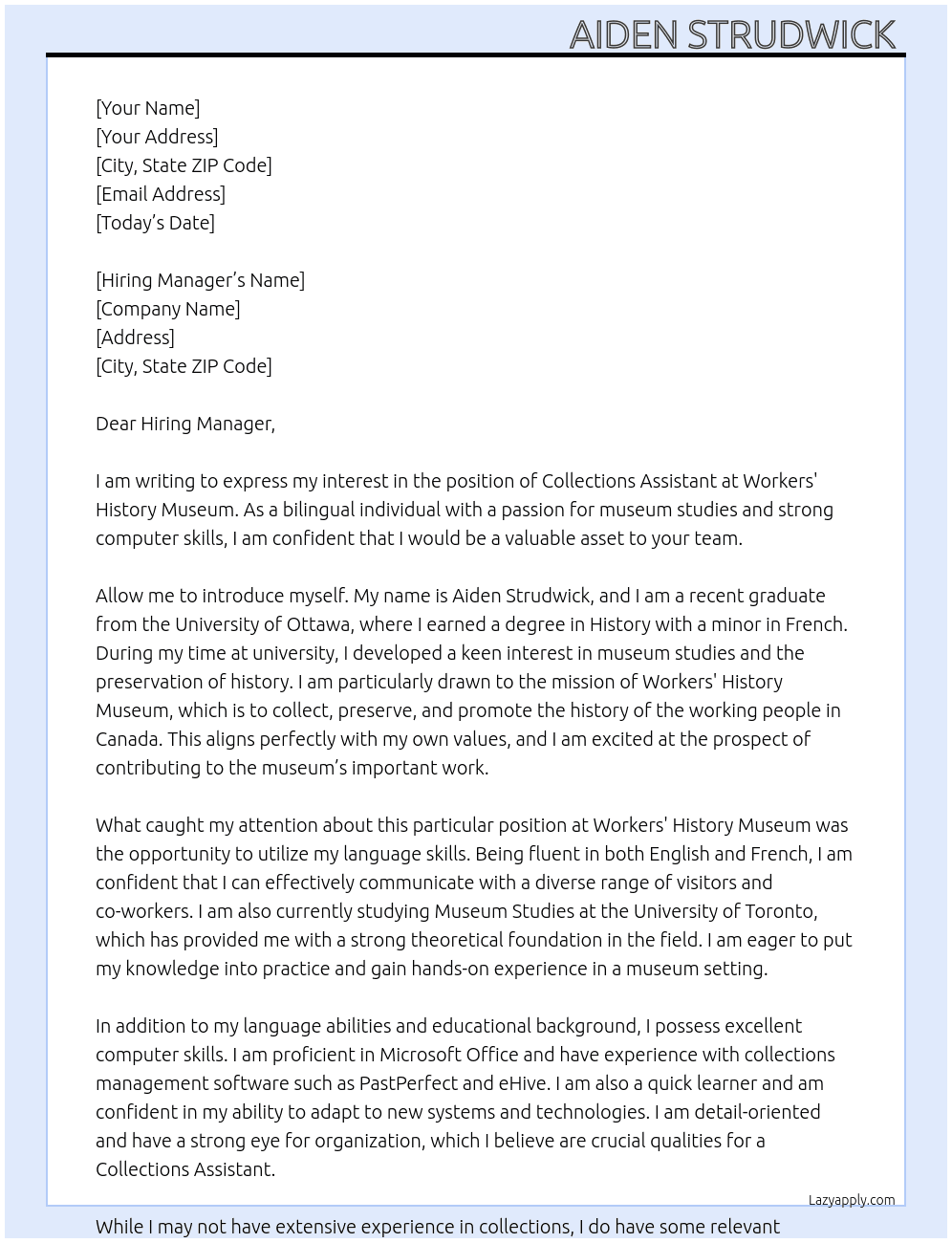 Collections Assistant  At Workers' History Museum Cover Letter