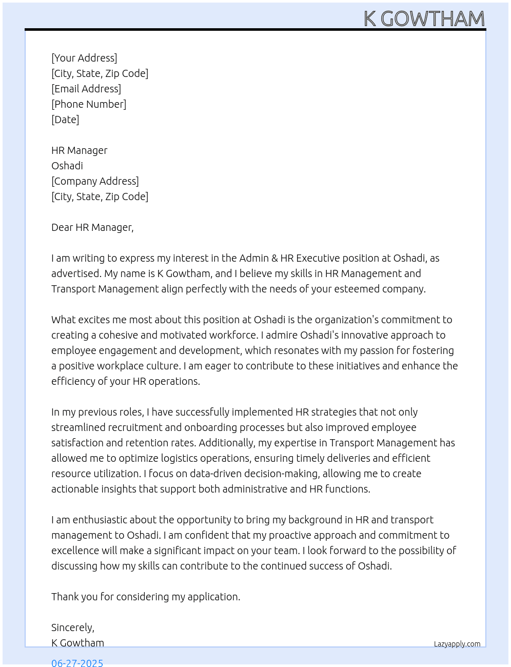 Admin & HR Executive At Oshadi Cover Letter