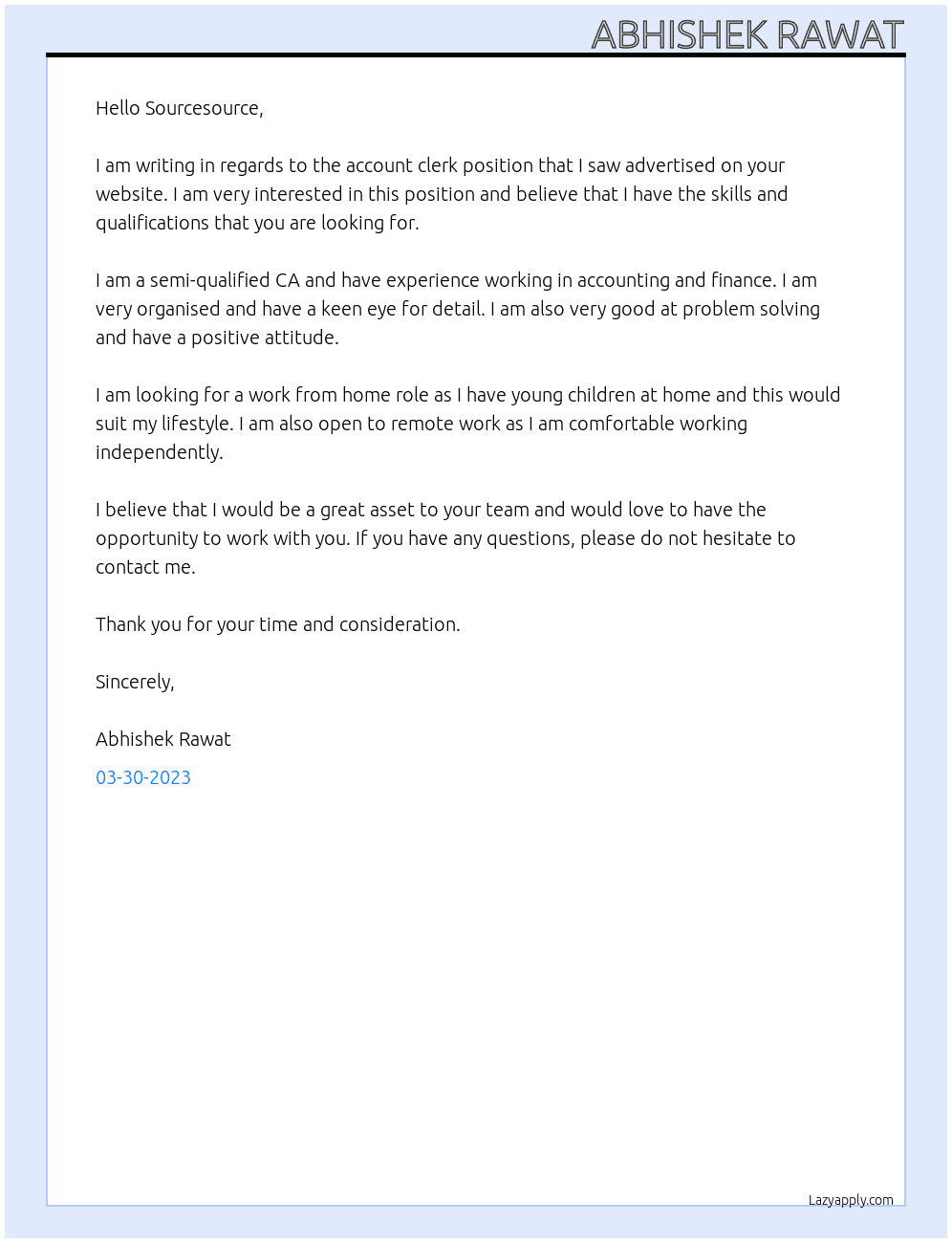 account clerk  At sourceability Cover Letter