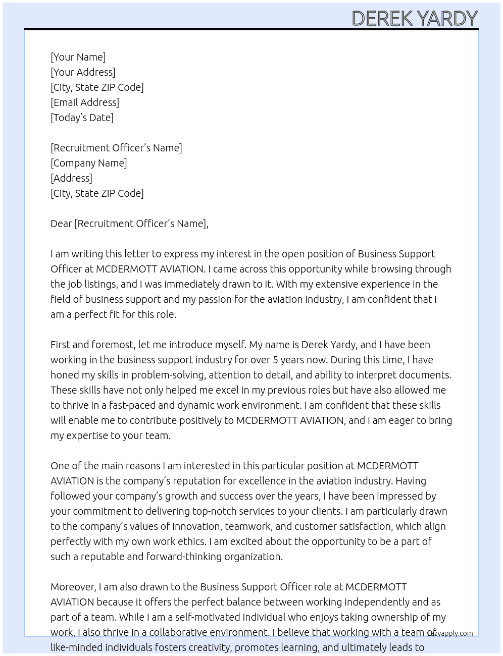 Business Support Officer At MCDERMOTT AVIATION Cover Letter