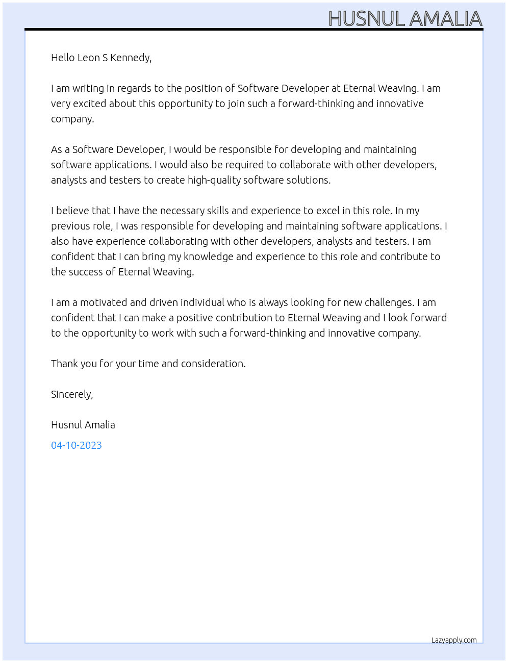 Software Developer At Eternal Weaving Cover Letter