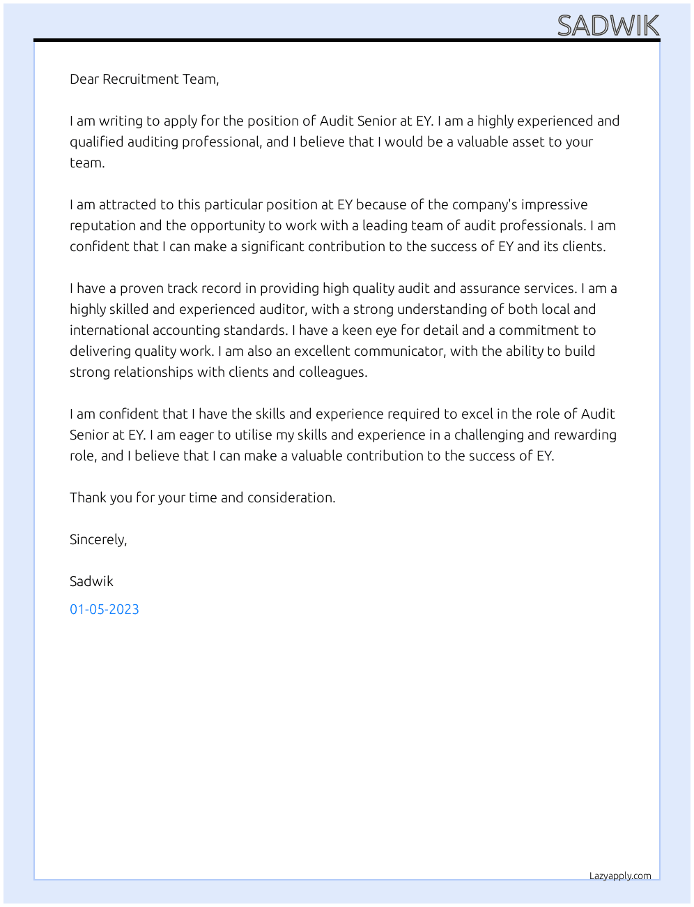 Audit senior At EY Cover Letter