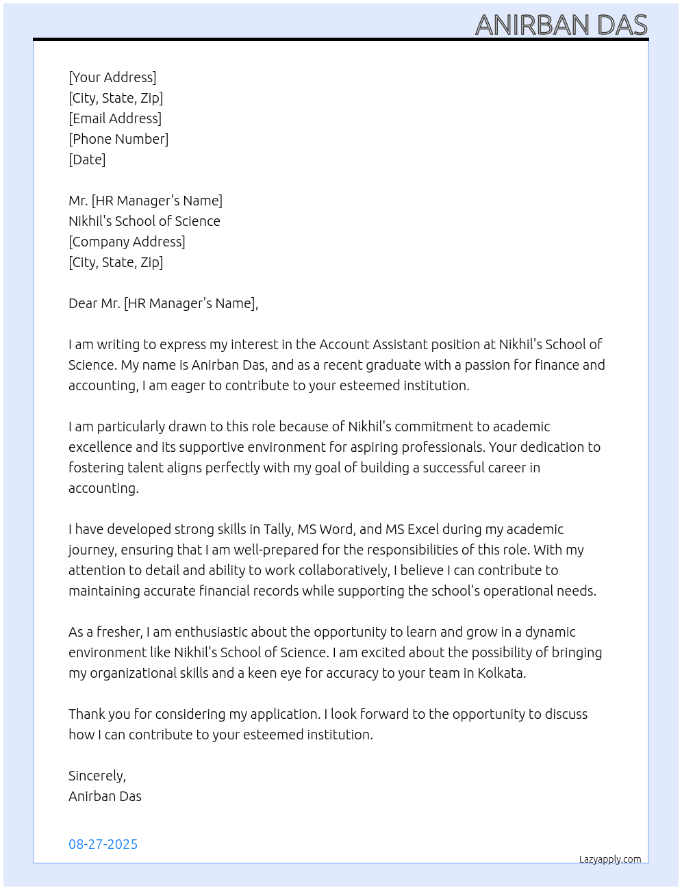 Account Assistant At  Nikhil's School of Science Cover Letter