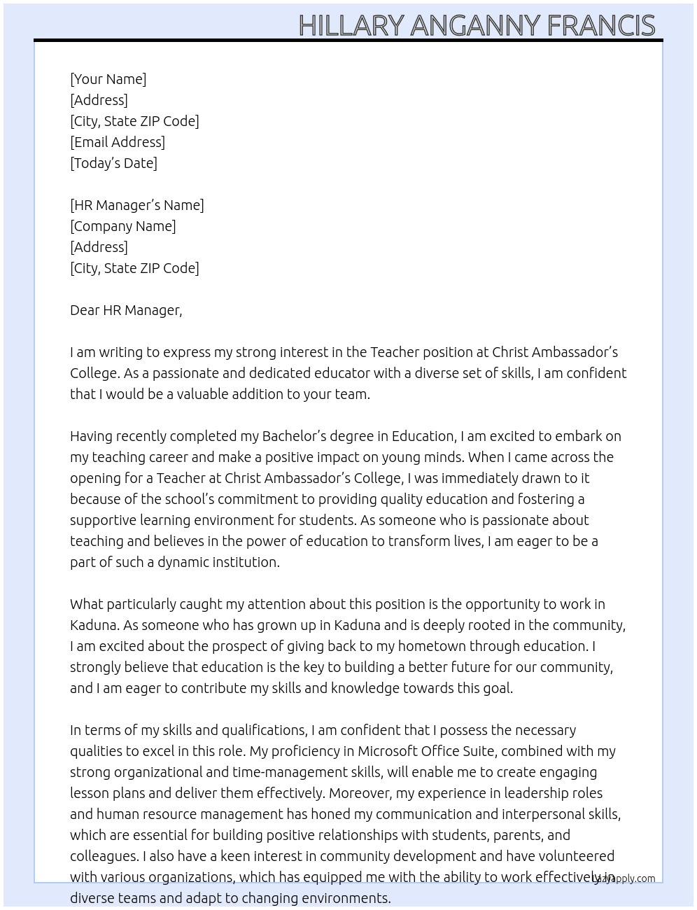 Teacher  At Christ Ambassador's College  Cover Letter