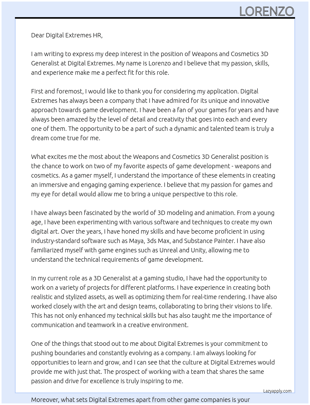 Weapons and Cosmetics 3D Generalist At Digital Extremes Cover Letter