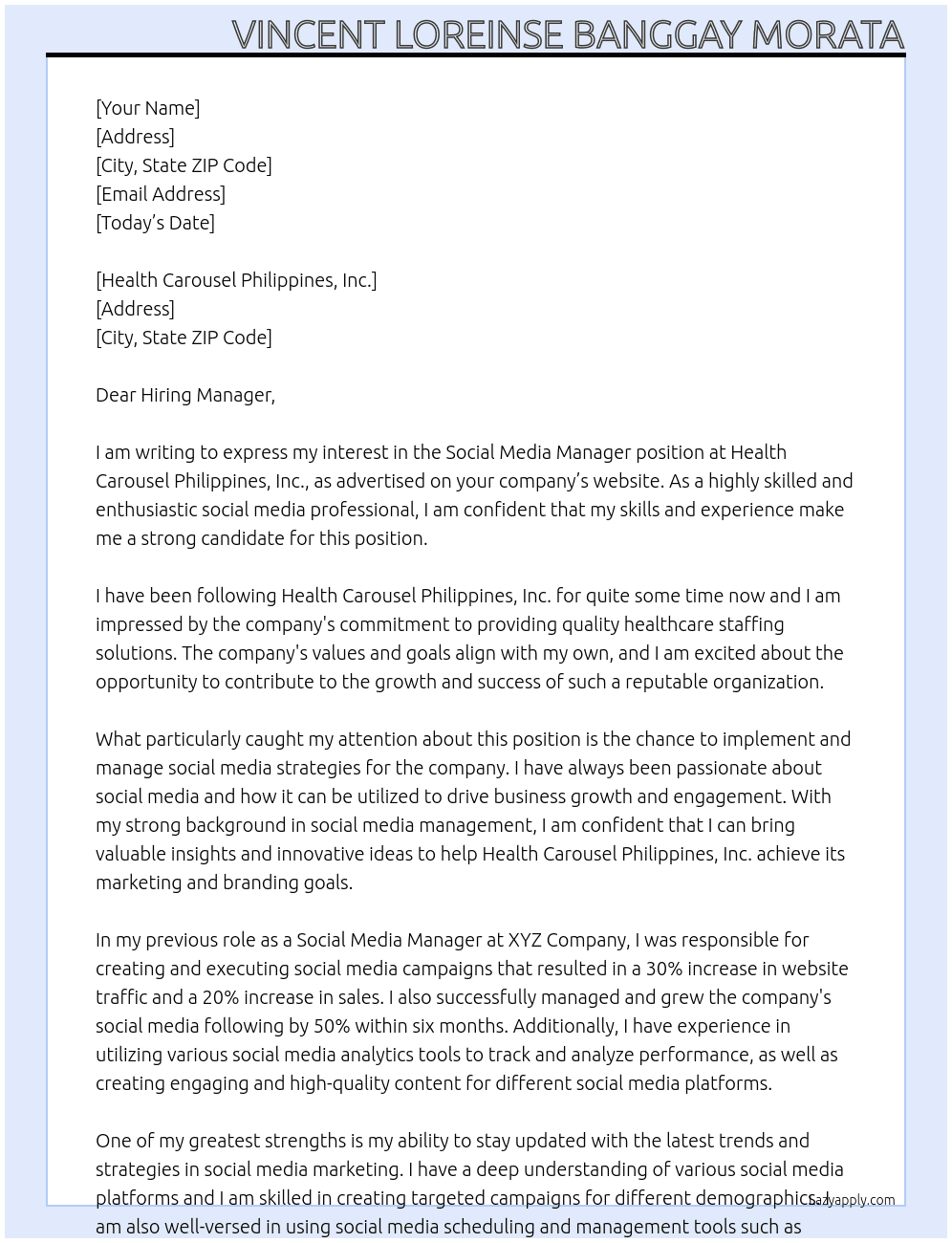 Social Media Manager At Health Carousel Philippines, Inc. Cover Letter