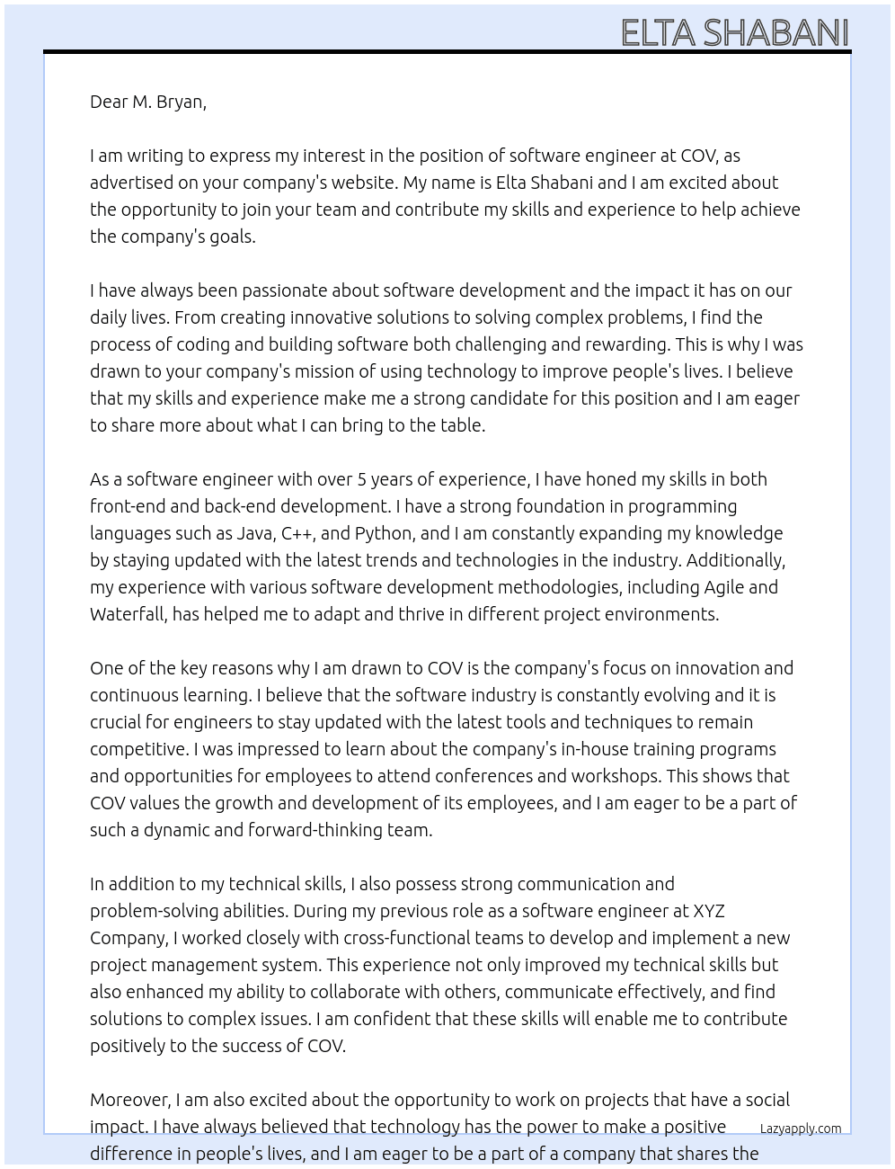 software engineer At COV Cover Letter