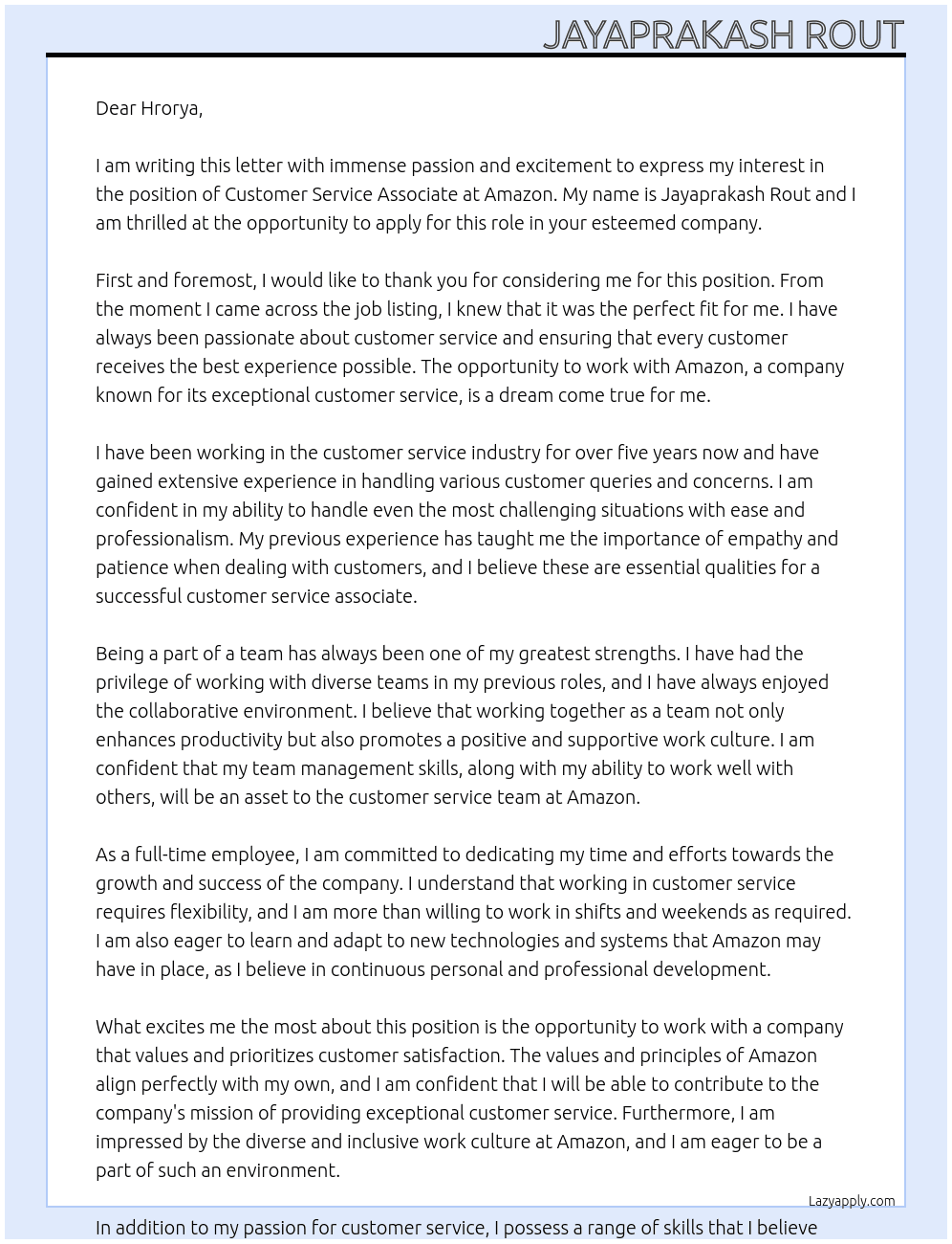 Customer Service Associate At Amazon  Cover Letter