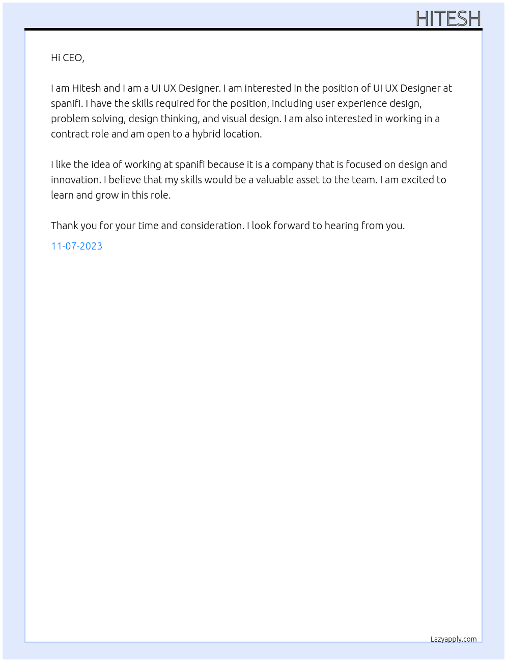 UI UX Designer At spanifi Cover Letter