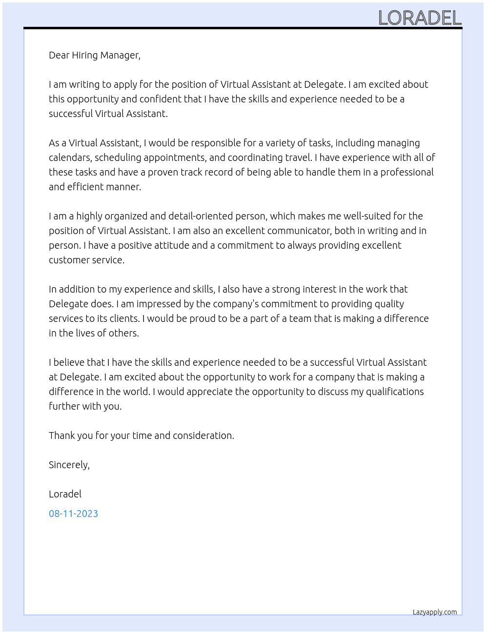 Virtual assistant At Delegate Cover Letter