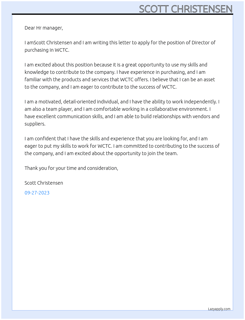 Director of purchasing At WCTC Cover Letter