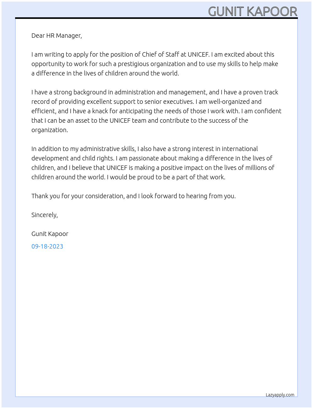 Chief of Staff At UNICEF Cover Letter