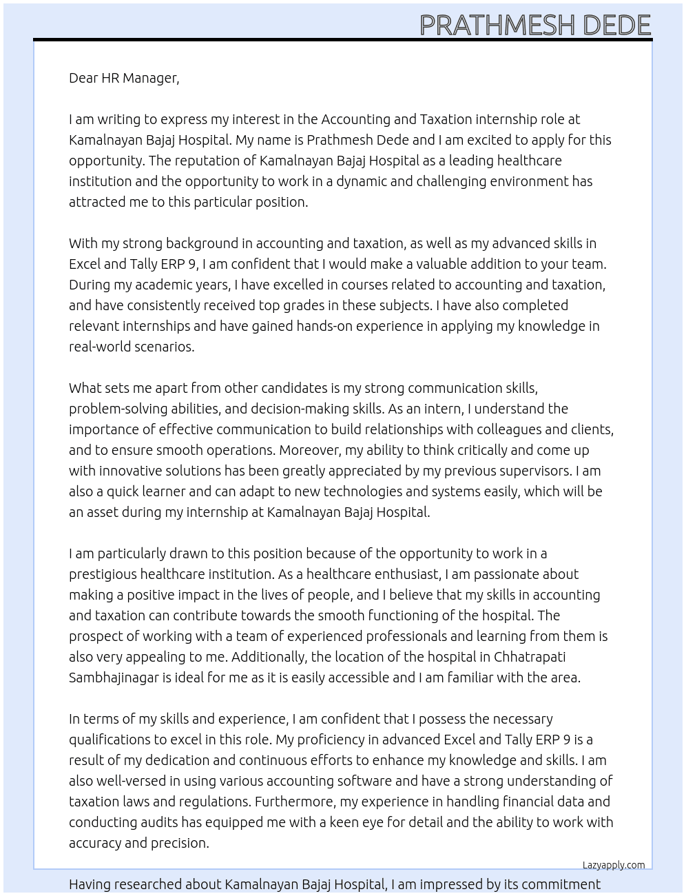 Accounting and taxation At Kamalnayan bajaj hospital Cover Letter