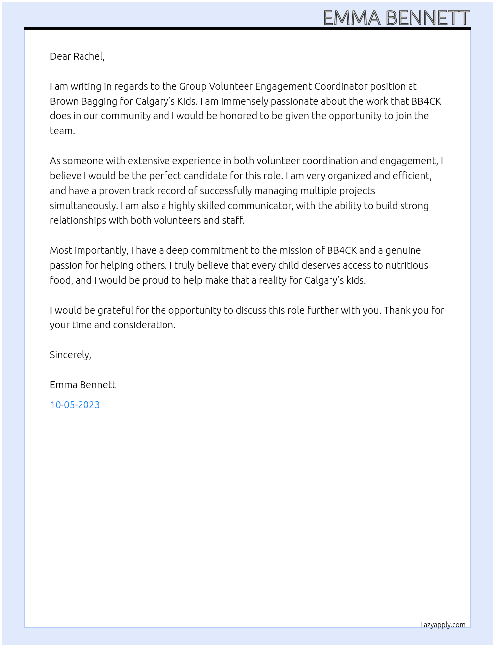 Group Volunteer Engagement Coordinator At Brown Bagging for Calgary’s Kids Cover Letter