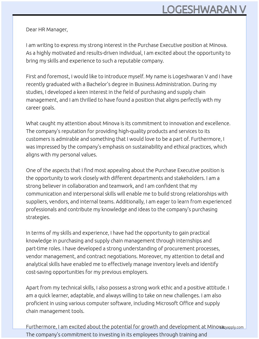 Purchase Exicutive At Minova Cover Letter