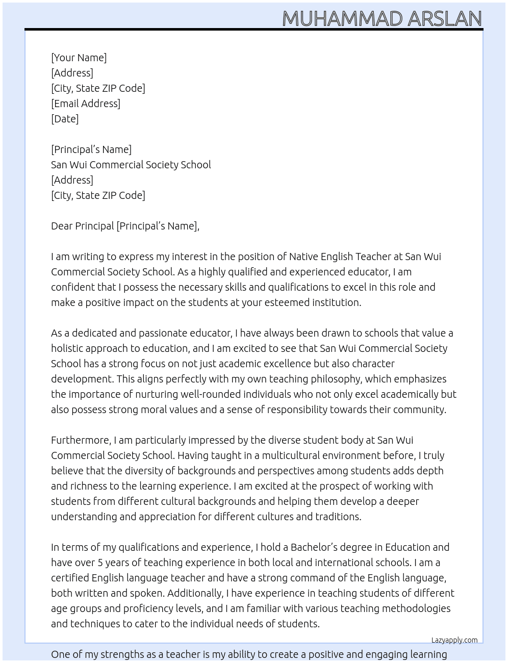 Native English Teacher At San Wui Commercial Society School Cover Letter