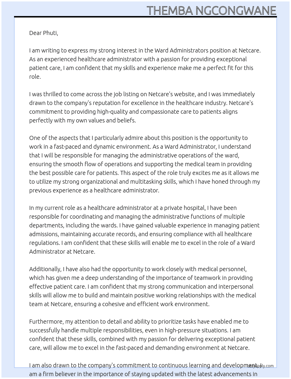 Ward Administrators At Netcare Cover Letter