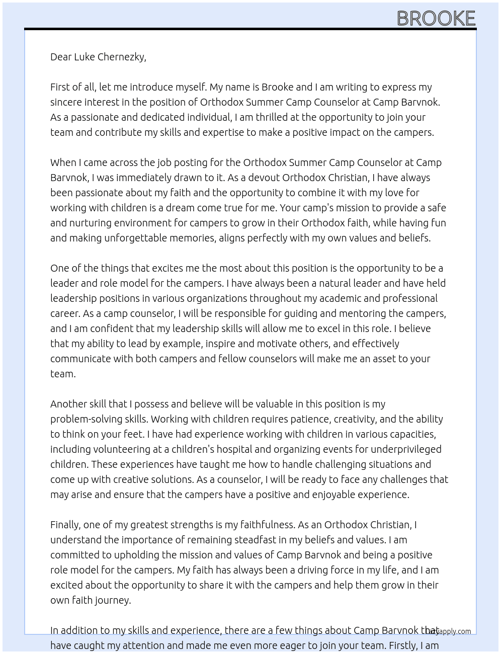 Orthodox Summer Camp Counselor At Camp Barvnok Cover Letter