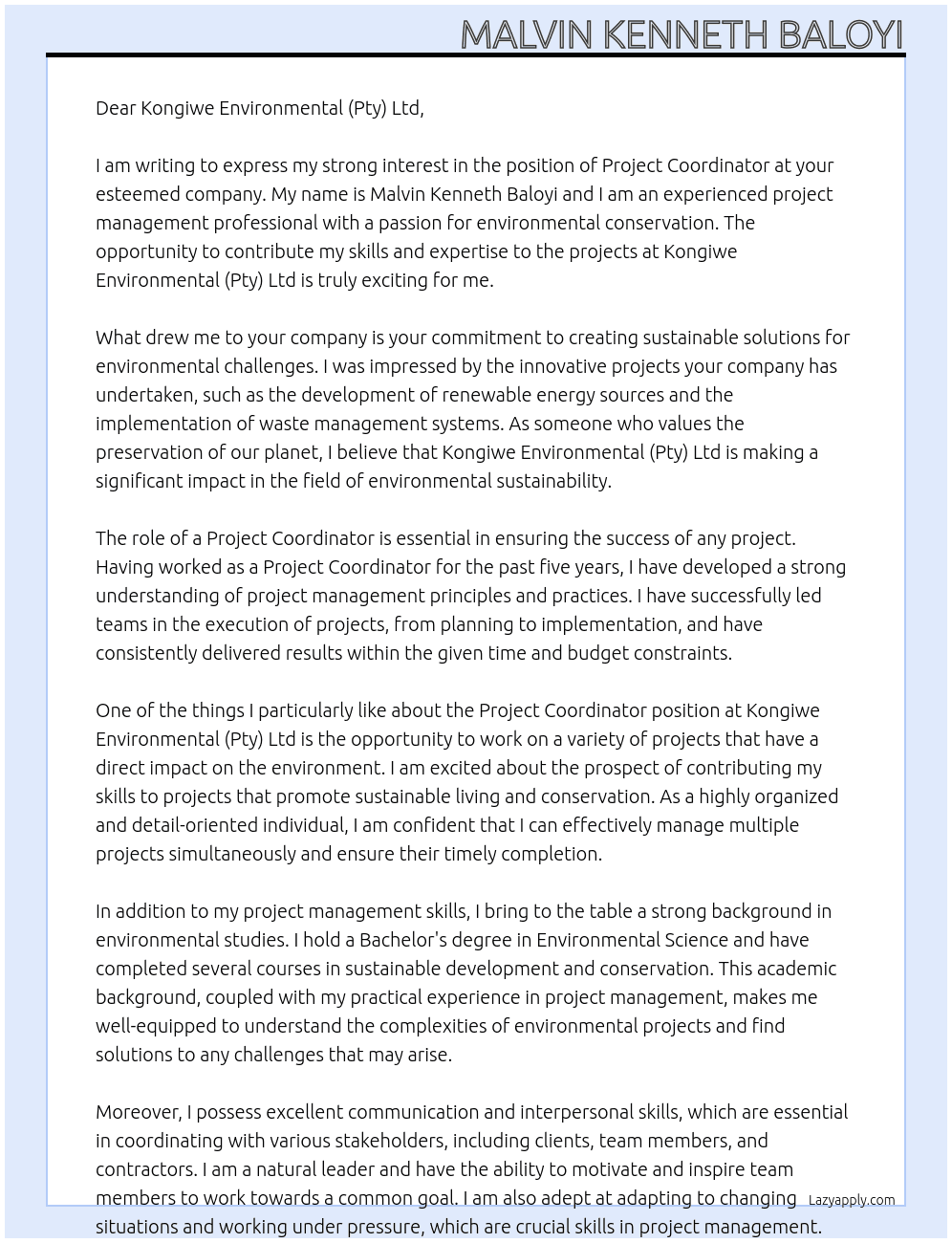 Project Coordinator At Kongiwe Environmental (Pty) Ltd Cover Letter