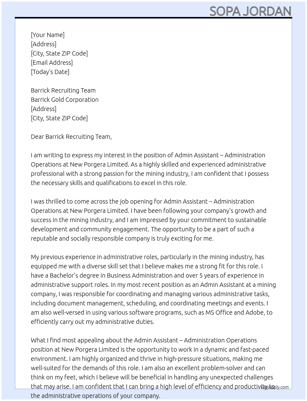 Admin Assistant - Administration Operations At NEW PORGERA LIMITED Cover Letter