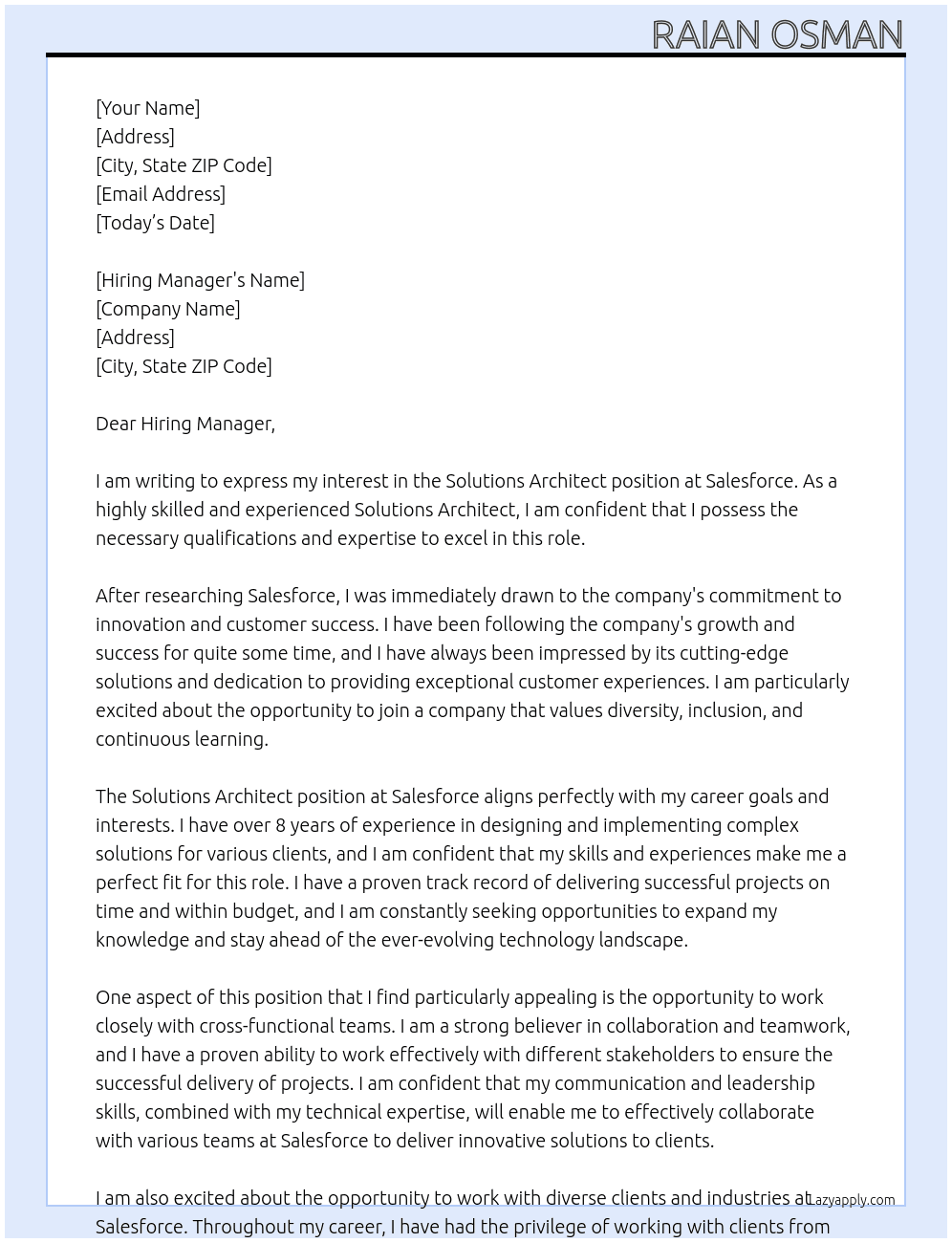 Solutions Architect At Salesforce Cover Letter