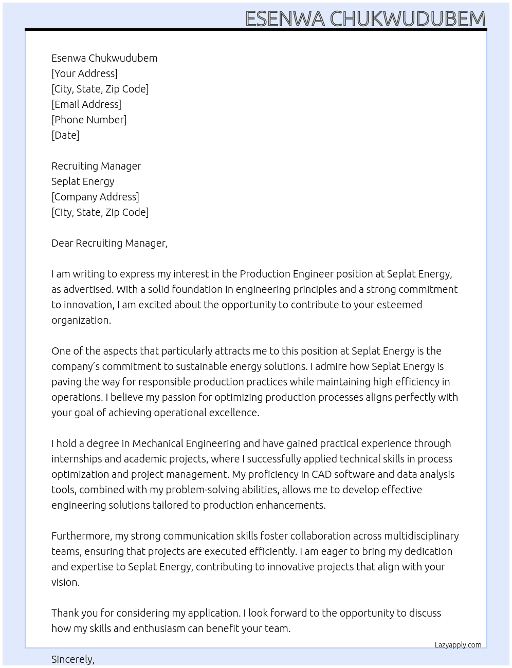 Production engineer At Seplat Energy Cover Letter