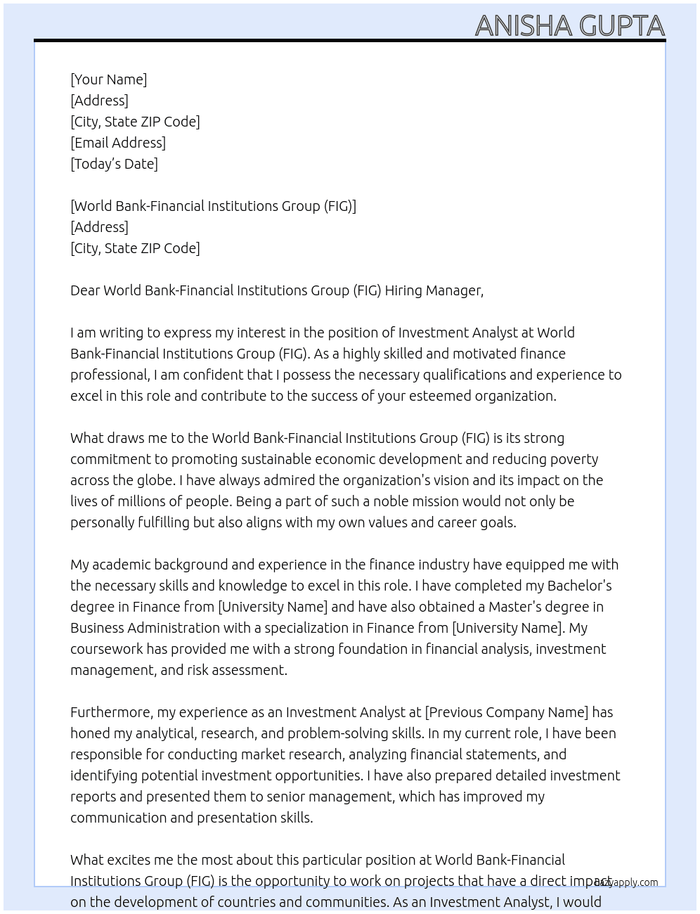 Investment Analyst At World Bank-Financial Institutions Group (FIG) Cover Letter
