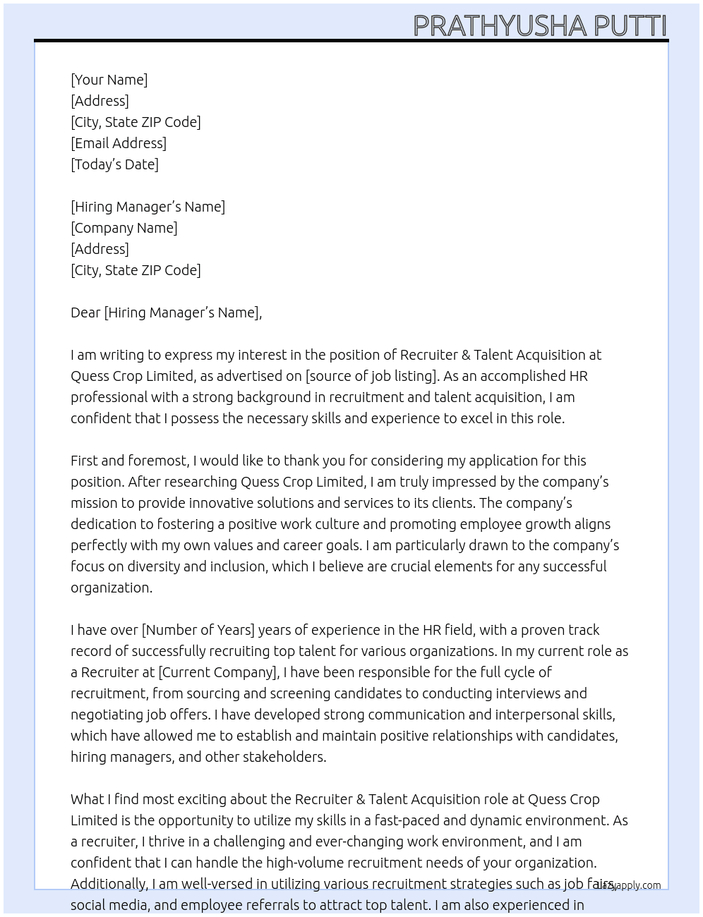 Recruiter & Talent acquisition  At Quess crop limited  Cover Letter