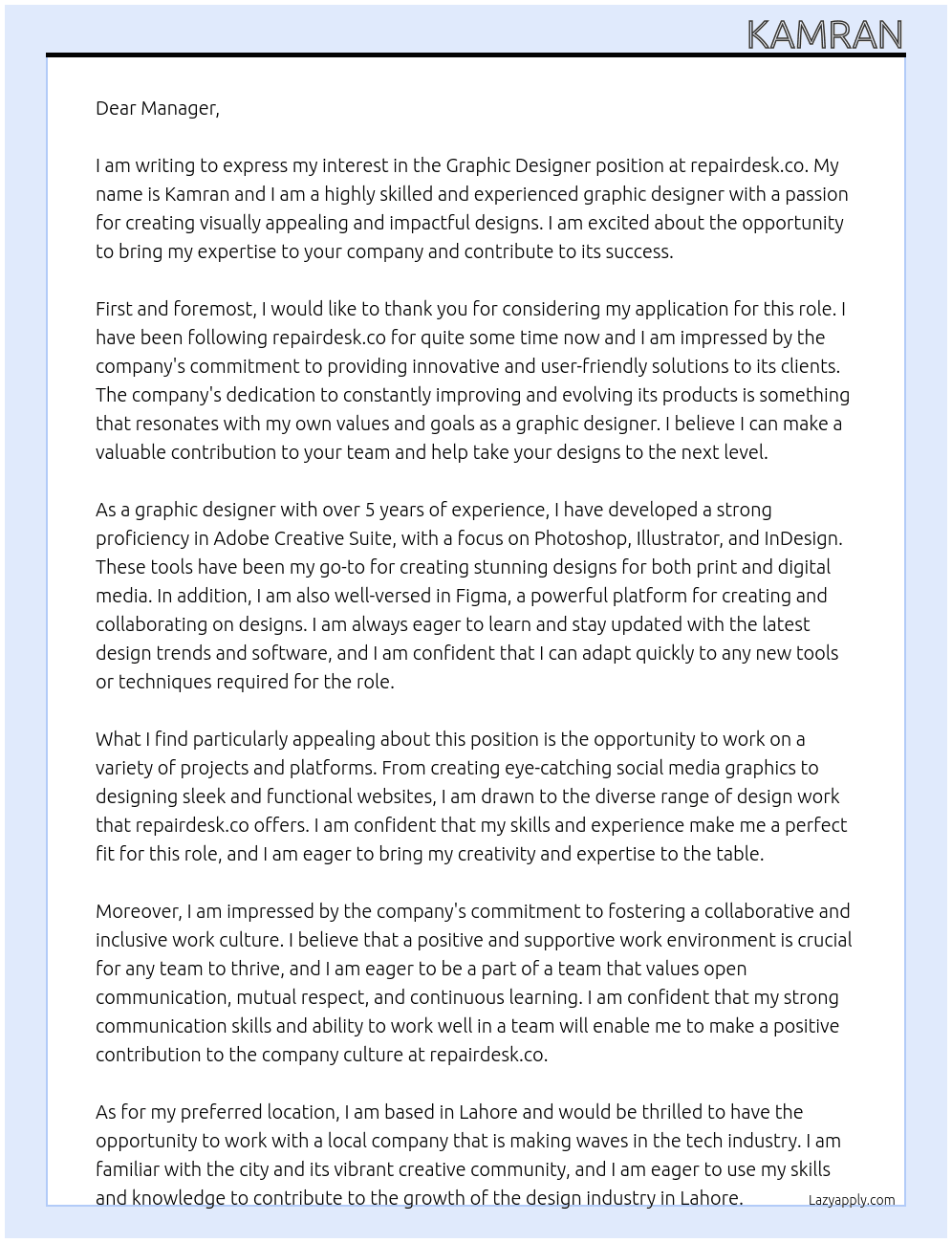 Graphic Designer At repairdesk.co Cover Letter