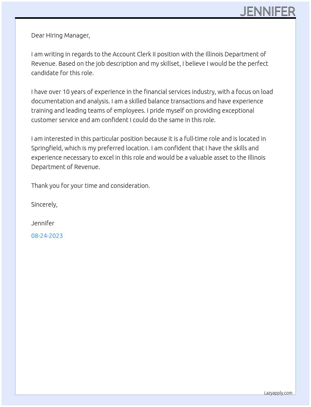 Account Clerk II At Illinois Department of Revenue Cover Letter