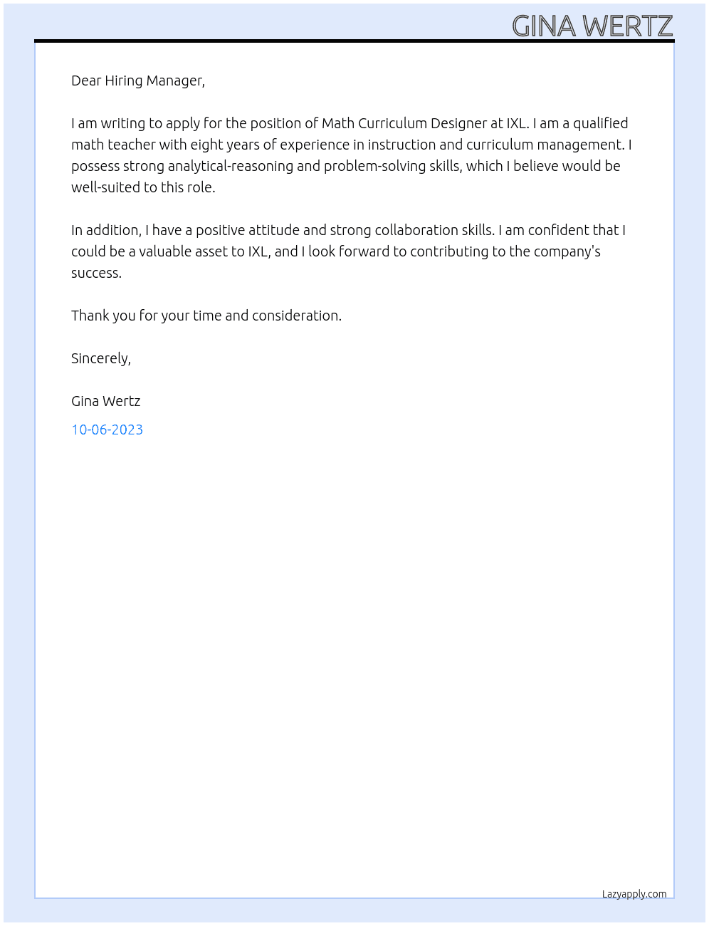 Math Curriculum Designer At IXL Cover Letter