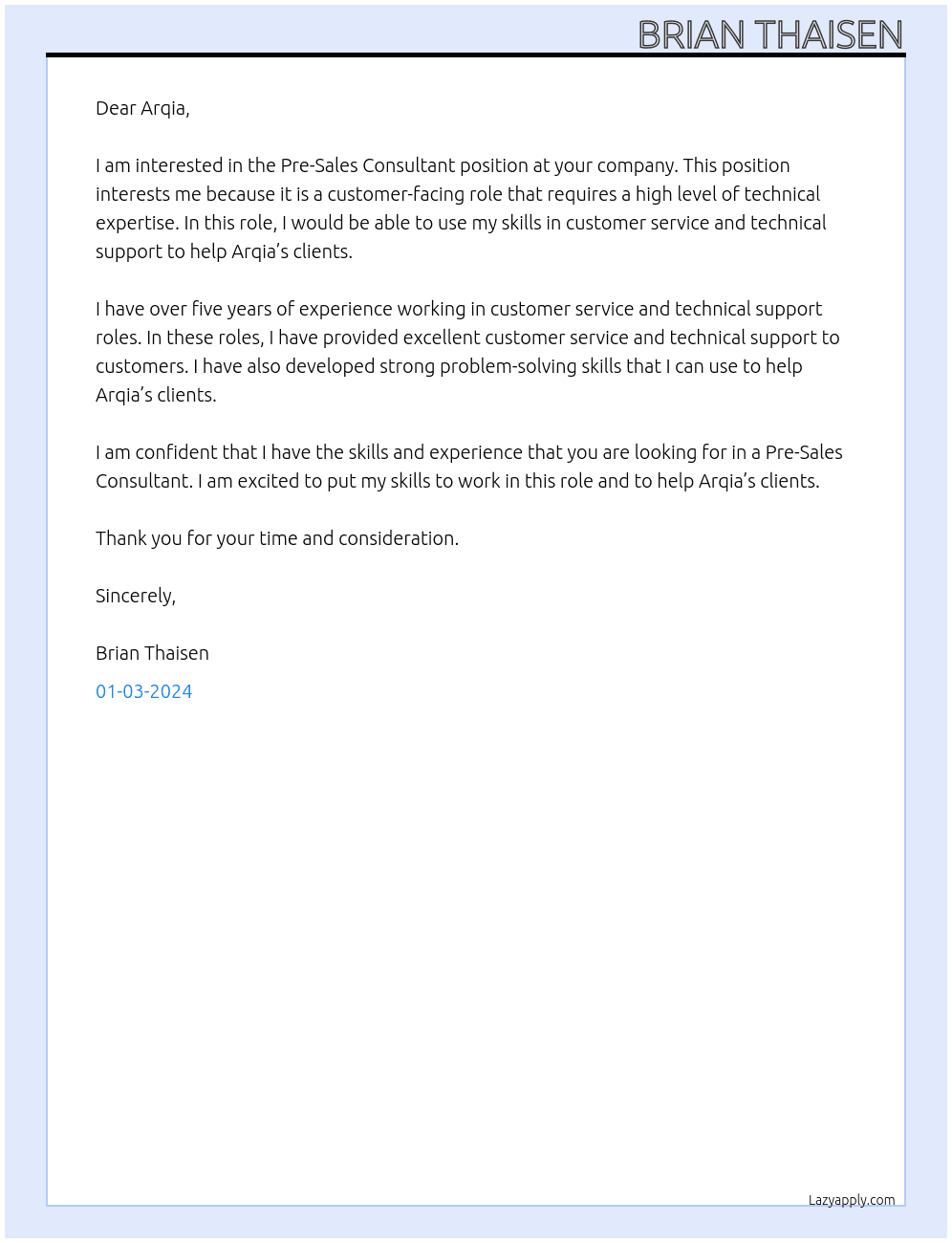Pre-Sales Consultant At Arqia Cover Letter