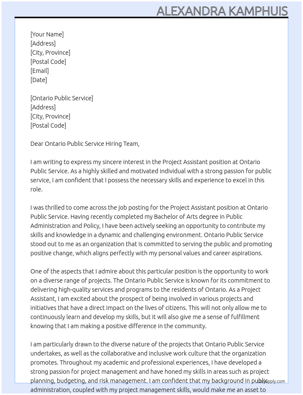 Project Assistant At Ontario Public Service Cover Letter