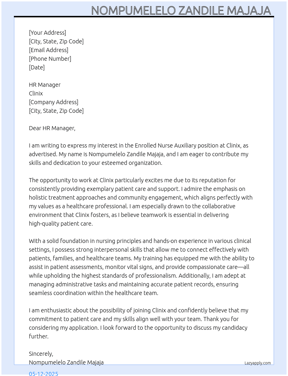 Enrolled nurse Auxiliary  At Clinix  Cover Letter