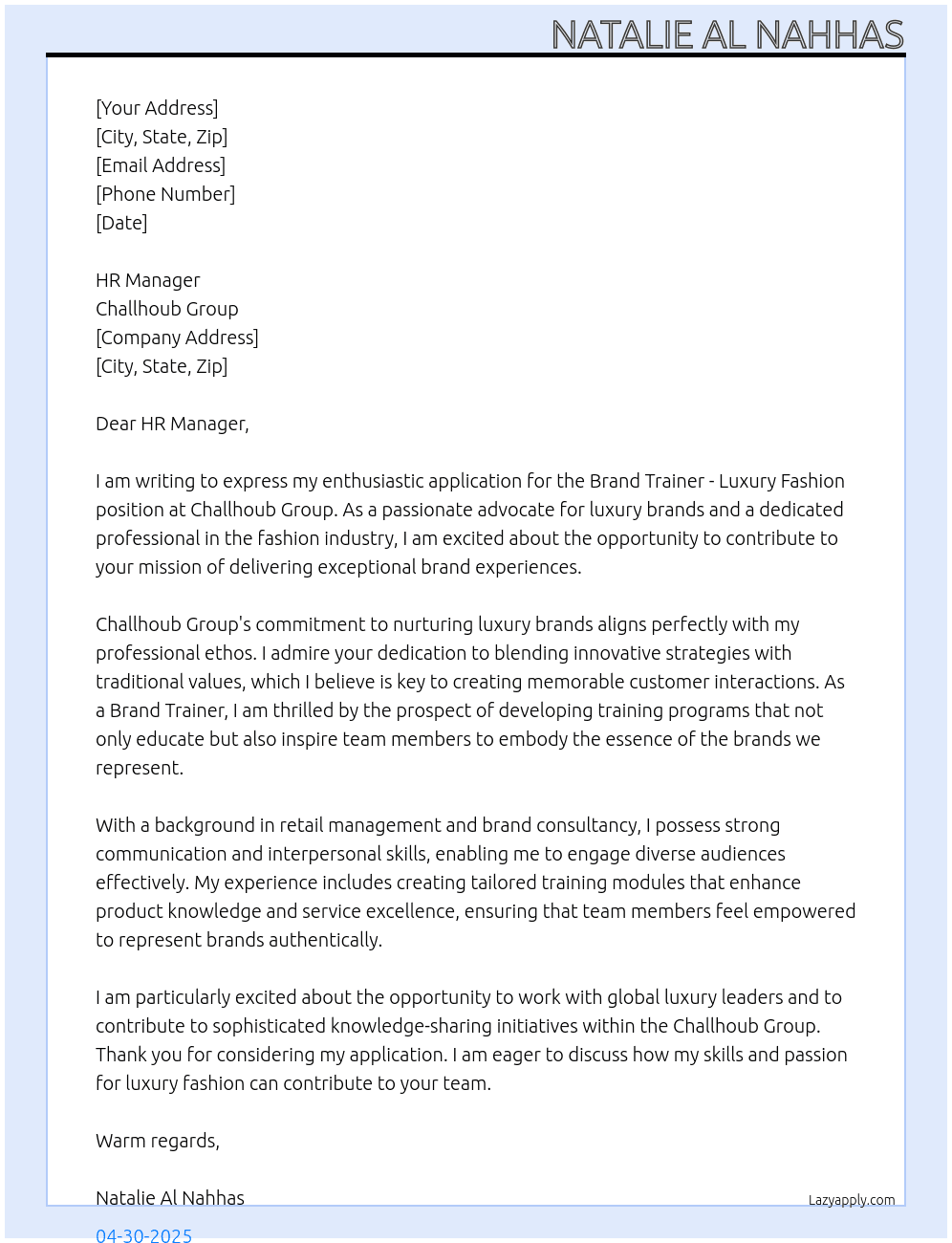 Brand Trainer - Luxury Fashion At Challhoub Group Cover Letter
